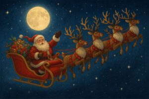 Santa Claus flying through the night sky in a red sleigh pulled by reindeer, waving with a full moon and stars in the background.