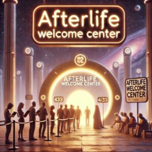 A realistic yet humorous take on the afterlife for the Afterlife Chronicles. The scene shows a glowing portal shaped like a subtle neon sign reading 'Afterlife Welcome Center' with a light, welcoming glow. 