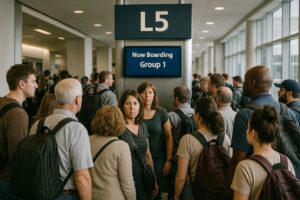 A crowded airport gate with passengers standing anxiously near the boarding area.