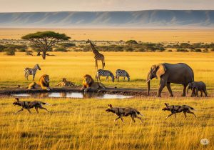 A diverse array of animals including a majestic lion and a clever octopus, representing the animal kingdom's variety.