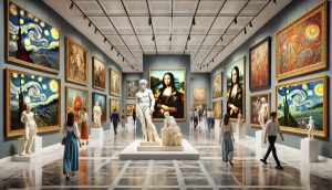 An art exhibition showcasing various paintings and sculptures from different art movements.