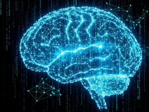 A futuristic, stylized brain made of glowing circuits and data streams, symbolizing artificial intelligence.