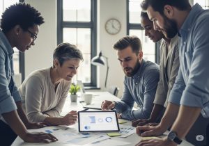 A diverse group of professionals collaborating around a table in a modern office setting, looking at charts on a tablet.