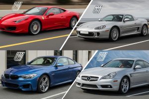 A diverse collection of car front ends with prominent grilles and headlights, symbolizing global car brands and automotive variety.