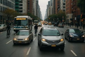 Realistic street scene with various transportation modes including cars, buses, and cyclists in motion during daylight in a lively urban environment
