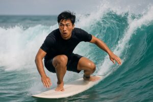 chinese surver on surfboard in a wave