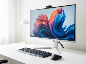 A modern computer setup with a monitor, keyboard, and mouse, in a clean and well-lit environment.