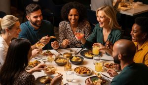 People dining with friends at a round table with differend fine foods.