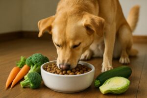 Dog eating from a white ceramic bowl filled with dry dog food, surrounded by fresh vegetables including carrots, broccoli, cabbage, and zucchini, on a wooden floor.