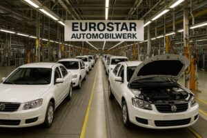 An assembly line at Eurostar Automobilwerk, showing cars being manufactured in Austria.