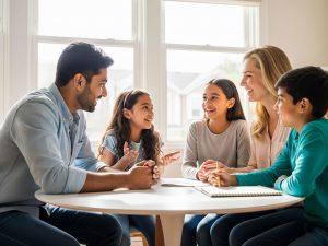 A family sitting together, smiling and talking, representing positive family communication.