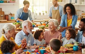 A diverse family interacting happily, showing different generations and activities like playing, talking, and sharing meals, in a warm and inviting setting.
