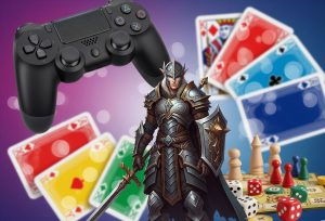 A vibrant collage showcasing the diverse world of games, featuring a central fantasy character in armor, a modern video game controller, scattered playing cards, and various board game pieces like pawns and dice.