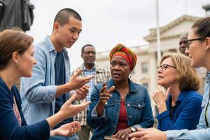 A diverse group of people from different backgrounds engaging in a public discussion about government and politics, with symbols of democracy in the background.