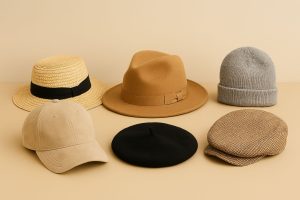 A stylish collection of hats and headwear including fedoras, beanies, and sunhats, displayed elegantly on a table.