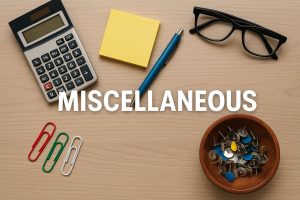 A diverse collection of quirky and vintage objects on a wooden table, including an old pager, a stack of postcards, a miniature globe, and retro headphones.