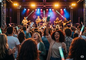 Diverse crowd enjoying a lively outdoor music festival with a band performing on a brightly lit stage at sunset.