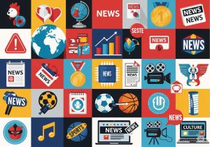 A dynamic collage of diverse news icons and symbols, representing global events, business, technology, sports, and culture, arranged in a vibrant 4:3 aspect ratio.