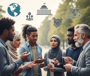 A diverse group of people from different backgrounds engaging in a public discussion about government and politics, with neutral symbols of public institutions or global cooperation in the background.