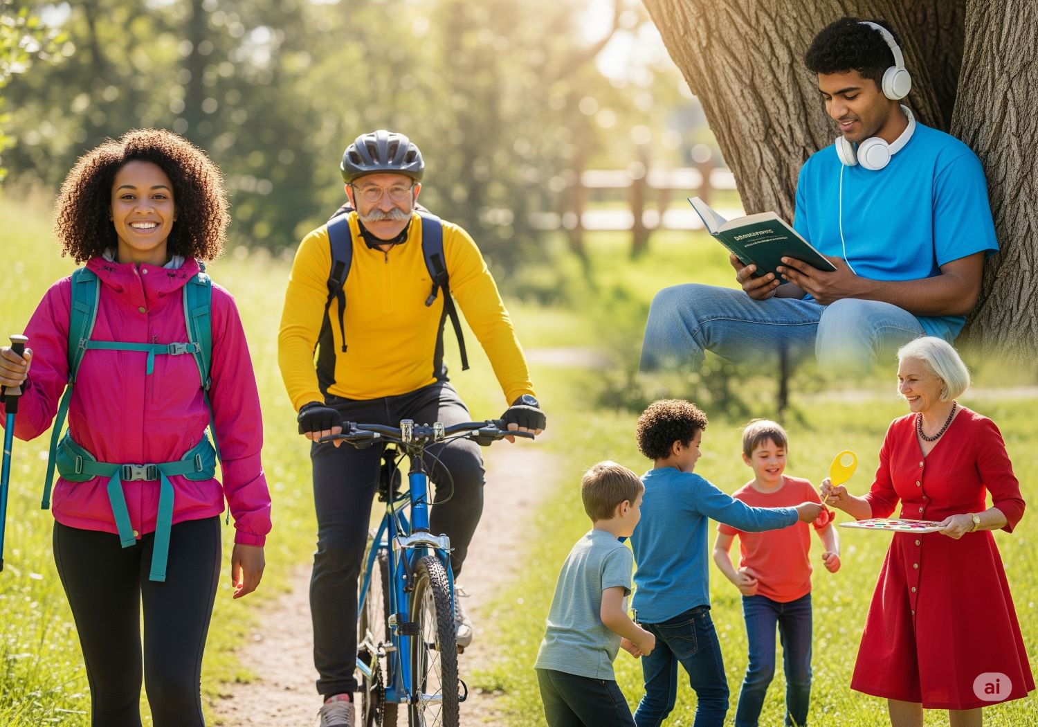 A diverse group of people enjoying various outdoor recreational activities in a sunny park, including a woman hiking, a man cycling, someone reading under a tree, and a group playing a game, conveying a joyful atmosphere.