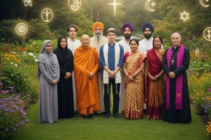 A diverse group of people from different cultures and backgrounds, some in traditional religious attire, standing together in a harmonious setting, with subtle symbols of various world religions integrated into the background.