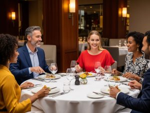 People politely dining at a restaurant table, showcasing good restaurant etiquette.