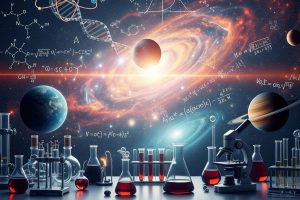 A visual representation of science and mathematics, incorporating elements like scientific symbols, mathematical equations, laboratory equipment, and celestial bodies.