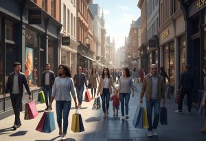 A vibrant image of a bustling shopping street with many people carrying shopping bags, showcasing a lively urban environment.