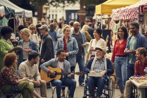 A diverse group of people from various backgrounds interacting in a vibrant community setting, showcasing the richness of society and culture.