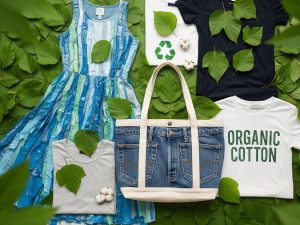 Various clothing items made from natural and recycled fabrics, with green leaves symbolizing sustainable fashion.