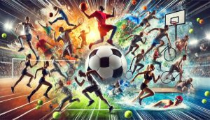 Representing sports in general, featuring a variety of athletes engaging in activities like soccer, basketball, tennis, running, swimming, and cycling.