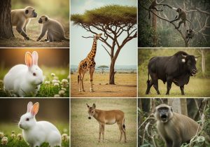 A diverse collage of animals including a white rabbit, monkeys, a giraffe, and a bull in natural habitats.