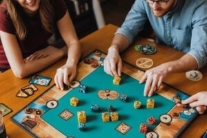 People playing a card game, with cards and chips on a table, symbolizing skill and fun.|Card games blending strategy, chance, and social interaction.