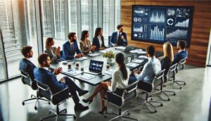 A group of professionals in a business meeting, discussing strategy.