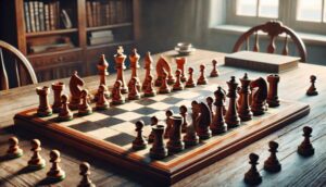 A chessboard with pieces mid-game, symbolizing strategy and intellect.|A classic chess board showcasing the timeless appeal of the game.