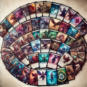 A collection of cards from various popular collectible card games.