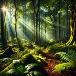 A lush forest with sunlight streaming through the trees.