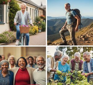 A diverse group of active seniors engaged in various healthy activities, including cycling, hiking, gardening, and attending a cultural event, all smiling and enjoying themselves.