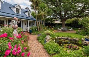 A well-maintained home with a charming garden featuring various plants, a brick walkway, and an outdoor seating area.