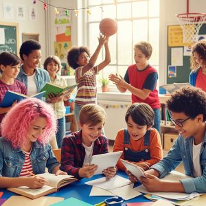 A diverse group of happy children and teenagers playing and learning together.