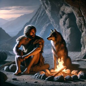 An ancient human and dog sharing a moment, representing the beginnings of domestication.