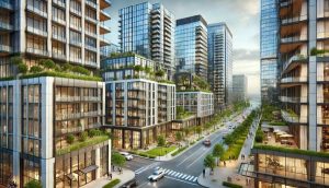 Modern buildings representing residential and commercial real estate.