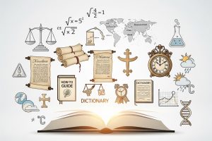A stylized open book with light radiating from it, surrounded by icons representing legal scales, math symbols, a world map, a science beaker, a religious symbol, historical scrolls, a how-to guide, a dictionary, a clock, weather symbols, climate graphs, and a DNA helix.