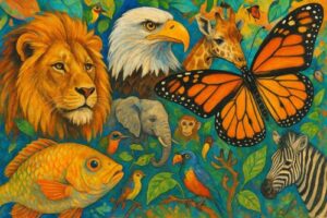 A vibrant collage of different animals including a lion, an eagle, a fish, and a butterfly, showcasing the diversity of the animal kingdom.