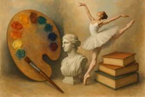A visually appealing montage of various art forms: a painter's palette, a ballet dancer in mid-air, a classical sculpture, and a stack of books.