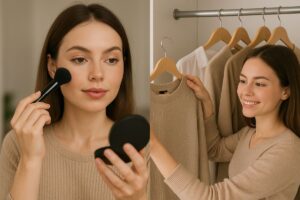 A split-image showing a person applying makeup on one side and a person selecting clothes from a closet on the other, representing both beauty and style.