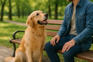 A Golden Retriever sits happily next to its owner on a park bench, looking up with a gentle expression.