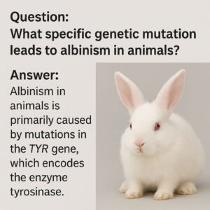 An albino deer stands gracefully in a forest clearing, its white fur and pink eyes contrasting with the lush green foliage and soft sunlight filtering through the trees.