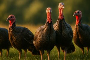 Four wild turkeys stand in a sunlit grassy field, showing off their iridescent feathers and red wattles at golden hour